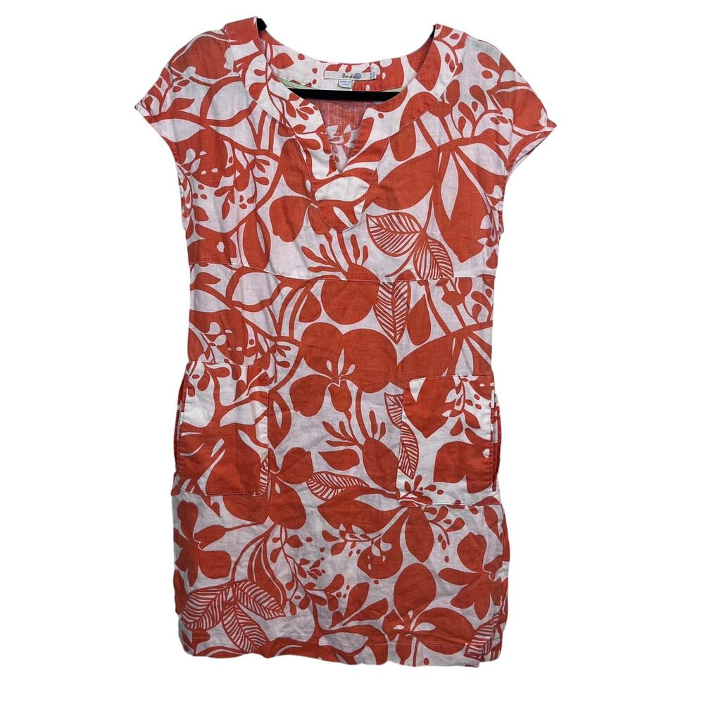 Boden Orange White Bold Floral Linen Dress Women’s 6 Pockets As-Is